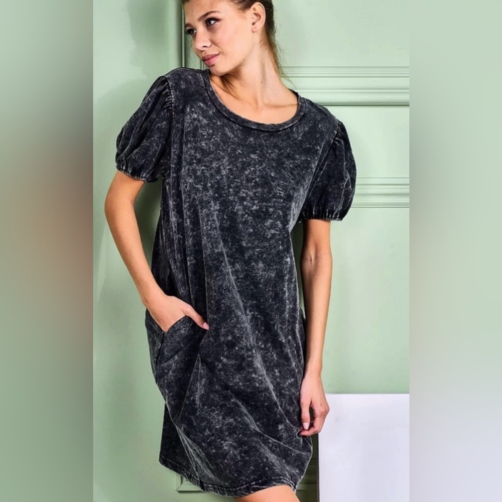 BiBi Black Puff Sleeve Mineral Wash Dress